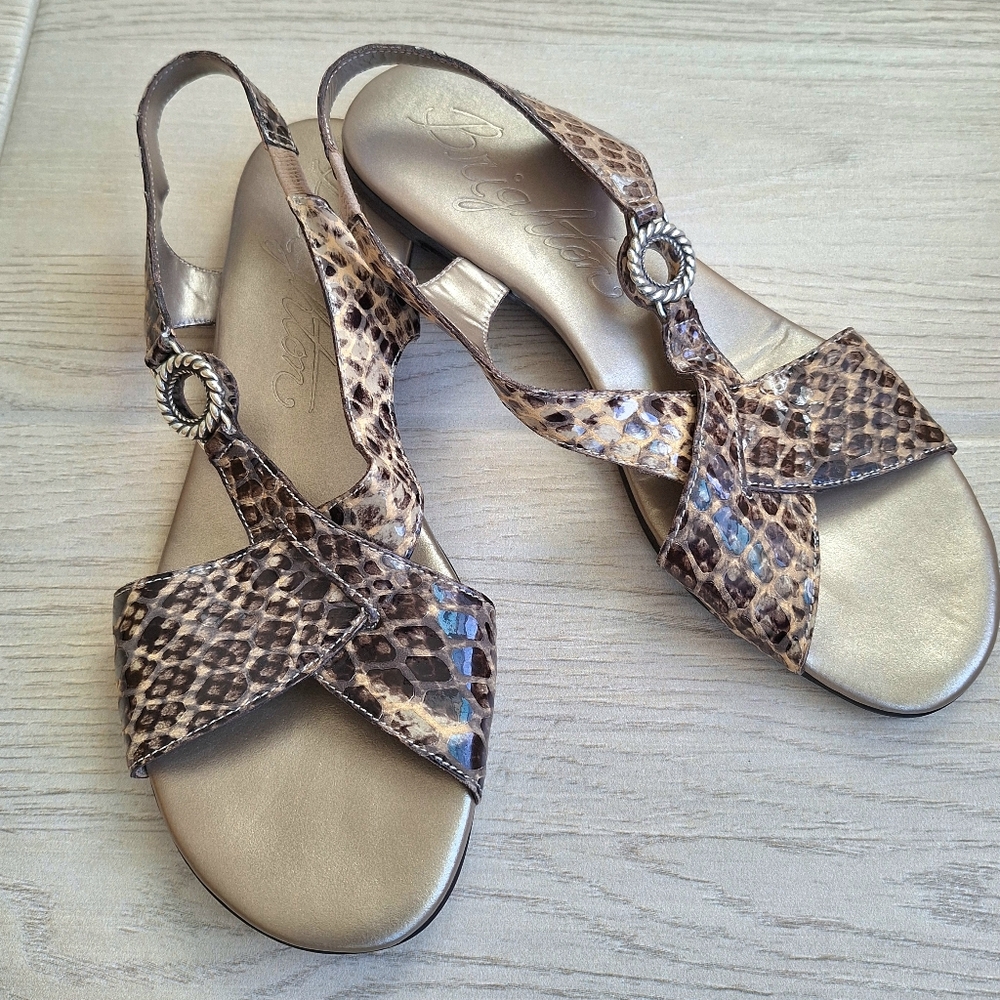 Brighton Leather Slingback Sandals Snake Print Brown Cream Buckle Flat Size 9